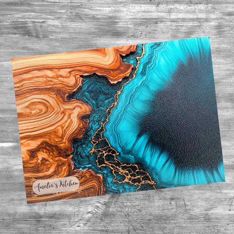 May include: Abstract art print with a blue, teal, and gold design on a wood background. The print has a textured surface and the text "Amelia's Kitchen" is in the lower left corner.