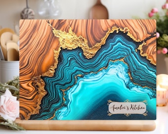 Personalisierte Glasbrett, Schneidebrett aus Olivenholz, Epoxy River Resin Schneidebrett, Schneidebrett nach Maß, Neues Haus Geschenke, Hochzeitsgeschenk, Brett Blue Ocean