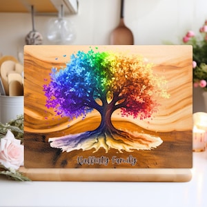 Personalized Tree of Life Glass  Board, Personalized Cutting Board, Wedding Gift, Wood Look Print on Glass, Rainbow Tree of Life
