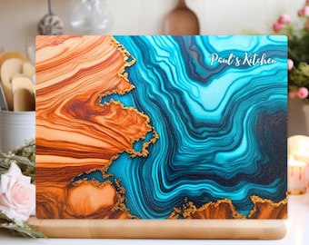 Personalisierte Glasbrett, Schneidebrett aus Olivenholz, Epoxy River Resin Schneidebrett, Schneidebrett nach Maß, Neues Haus Geschenke, Hochzeitsgeschenk, Brett Blue Ocean