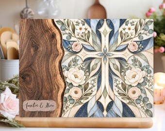 Personalized Christian Glass Cutting Board, Navy Blue Floral Cross, Couple Names, Faith Kitchen Decor, Wedding or Anniversary Gift