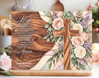 Personalized Christian Glass Cutting Board, Blush Rose Cross Prayer Gift for Her, Names and Date, Faith Kitchen Decor, Religious Keepsake
