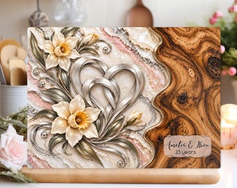 Personalized Silver Wedding Glass Board, 25th Anniversary Gift, Custom Couple Names, Daffodil Heart Cutting Board Under 45