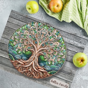 Personalized Tree of Life Glass  Board, Personalized Cutting Board, Wedding Gift, Beautiful Resin Epoxy Gray Wood Look, Print on Glass