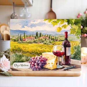 Wine and Cheese Glass Cutting Board, Personalized Kitchen Decor, French Vineyard Gift, Gourmet Hostess Gift Idea