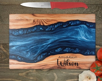 Personalised Glass Cutting Board Blue Ocean Epoxy Resin Art Print,  Serving Tray, Kitchen Decor, Wedding Gift, New home gifts, custom border
