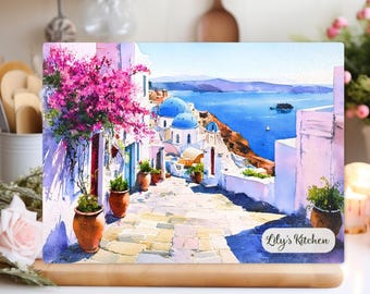 Santorini Greece Glass Cutting Board – Tempered Kitchen Decor with Blue Domes, Sea View & Flowers – Greek Island Gift Idea, Santorini gift
