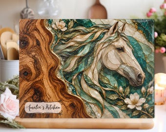 Personalized Horse Glass Cutting Board, Emerald Teal and Gold Equestrian Kitchen Decor, Housewarming Gift for Horse Lover and Rider