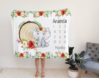 Girl Milestone Blanket, Baby Girl Monthly Blanket , Girl Month Blanket, Blanket, Baby Elephant Blanket, Baby Shower Gift, Photo Prop