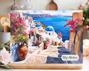 Santorini Greece Glass Cutting Board – Tempered Kitchen Decor with Blue Domes, Sea View & Flowers – Greek Island Gift Idea
