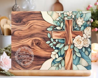 Personalized Christian Glass Cutting Board, Teal Floral Wooden Cross Family Name Monogram, Faith Kitchen Decor, Housewarming Gift