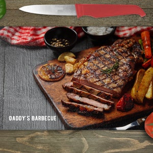 Personalised Barbecue glass chopping board, Dabby&#39;s BBQ, New home gifts, man gift, BBQ Men&#39;s BBQ Cooking, glass cutting board, Dabby&#39;s gift