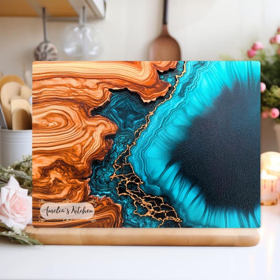 Personalized Glass Board, Epoxy River Resin Cutting Board, Custom Olive Wood Chopping Board, New home gifts,  Wedding Gift, Board Blue Ocean