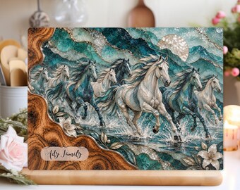 Personalized Horse Herd Glass Cutting Board, Teal Turquoise and Silver Equestrian Decor, Gift for Horse Lover and Rider