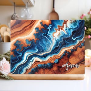 Personalised Glass Cutting Board Blue Ocean Epoxy Resin Art Print,  Serving Tray, Kitchen Decor, Wedding Gift, New home gifts, custom border