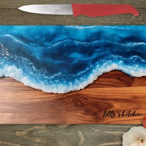 Personalised Glass Cutting Board Blue Ocean Epoxy Resin Art Print,  Serving Tray, Kitchen Decor, Wedding Gift, New home gifts, custom border