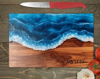 Personalised Glass Cutting Board Blue Ocean Epoxy Resin Art Print,  Serving Tray, Kitchen Decor, Wedding Gift, New home gifts, custom border
