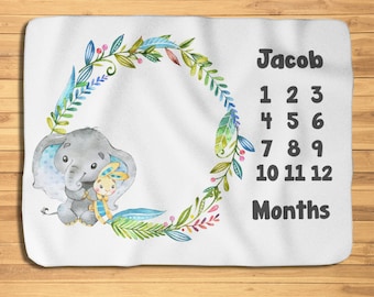 Boy Milestone Blanket, Baby Boy Monthly Blanket, Boy Month Blanket, Blanket, Baby Elephant Blanket, Baby Shower Gift, Baby Boy Gift