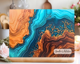 Personalisierte Glasbrett, Schneidebrett aus Olivenholz, Epoxy River Resin Schneidebrett, Schneidebrett nach Maß, Neues Haus Geschenke, Hochzeitsgeschenk, Brett Blue Ocean