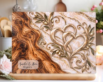 Personalized Golden Wedding Glass Board, 50th Anniversary Gift, Custom Couple Names, Rustic Wood Heart Cutting Board Under 45