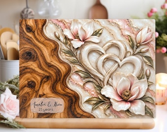 Personalized Silver Wedding Glass Board, 25th Anniversary Gift, Custom Couple Names, Magnolia Heart Cutting Board Under 45