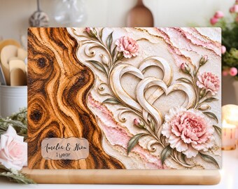Personalized 1st Anniversary Glass Board, Custom Couple Names, Carnation Flower Heart Cutting Board, First Wedding Gift Under 45