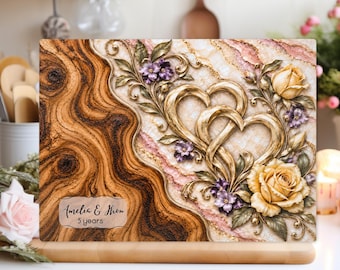 Personalized 5th Anniversary Glass Board, Wood Anniversary Gift, Custom Couple Names, Rustic Floral Heart Cutting Board Under 45