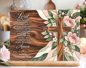 Personalized Christian Glass Cutting Board, Pink Floral Cross Prayer Gift for Her, Name and Date, Faith Kitchen Decor, Religious Gift