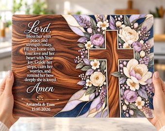 Personalized Christian Glass Cutting Board, Navy Lavender Cross Prayer for Her, Names and Date, Faith Kitchen Decor, Religious Keepsake