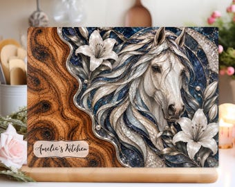 Personalized Horse Glass Cutting Board, Navy Blue Silver and White Equestrian Kitchen Decor, Gift for Horse Lover and Rider