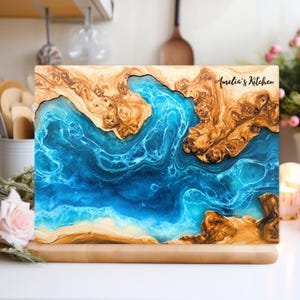 Personalised Glass Cutting Board Blue Ocean Epoxy Resin Art Print,  Serving Tray, Kitchen Decor, Wedding Gift, New home gifts, custom border
