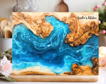 Personalised Glass Cutting Board Blue Ocean Epoxy Resin Art Print ...