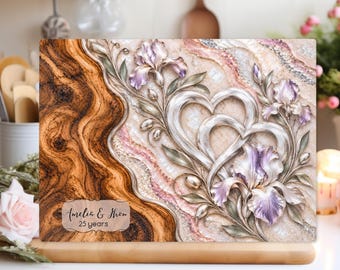 Personalized Silver Wedding Glass Board, 25th Anniversary Gift, Custom Couple Names, Iris Heart Cutting Board Under 45
