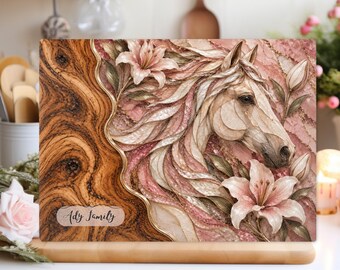 Personalized Horse Glass Cutting Board, Blush Pink Floral and Gold Equestrian Kitchen Decor, Gift for Horse Lover and Rider