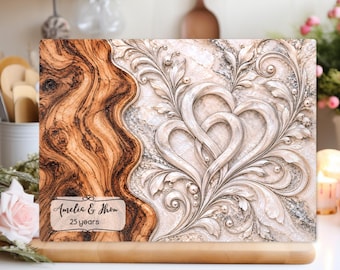 Personalized Silver Wedding Glass Board, 25th Anniversary Gift, Custom Couple Names, Rustic Wood Heart Cutting Board