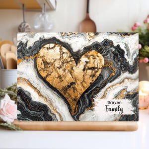 Personalised Glass Cutting Board, marble, gold heart, accents black white Print, Serving Tray, Kitchen Decor, Wedding Gift, New home gifts