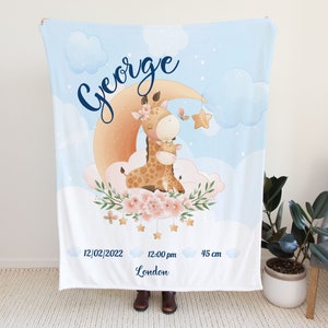 Custom New Baby Blanket, Newborn Baby Boy Gift, Personalised Baby Announcement, Name Print Blanket, New Baby Gift, Giraffe Baby Blanket