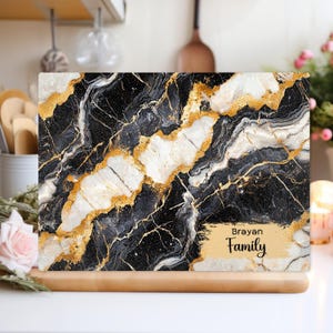 Personalised Glass Cutting Board, marble with gold accents, black and white Print, Serving Tray, Kitchen Decor, Wedding Gift, New home gifts