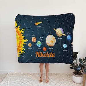 May include: A blue and black throw blanket with a colorful illustration of the solar system and the name "Nikoleta" printed in orange.