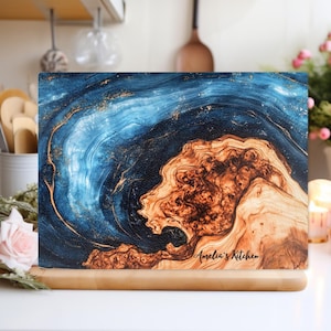 Personalised Glass Cutting Board Blue Ocean Epoxy Resin Art Print,  Serving Tray, Kitchen Decor, Wedding Gift, New home gifts, custom border