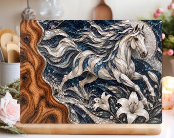 Personalized Galloping Horse Glass Cutting Board, Navy Blue Silver Equestrian Kitchen Decor, Gift for Horse Lover and Rider