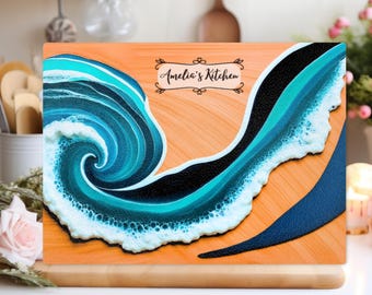 Personalized Glass Charcuterie Board, Epoxy River Resin Cutting Custom Olive Wood Style Chopping Board, Blue Ocean Wave,  New home gifts