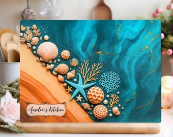 Personalized Glass Charcuterie Board, Epoxy River Resin Cutting Custom Olive Wood Beach Seashell Kitchen Decor, New home gifts, Wedding Gift