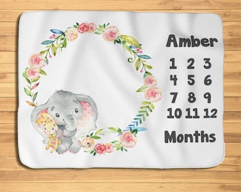Girl Milestone Blanket, Baby Girl Monthly Blanket, Girl Month Blanket, Blanket, Baby Elephant Blanket, Baby Shower Gift, Baby Girl Gift