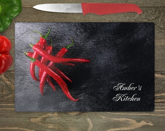 Personalised Chilies peppers glass chopping board, BBQ, New home gifts, kitchen gift, Chilies gift, BBQ Cooking,chili glass cutting board