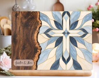 Personalized Christian Glass Cutting Board, Blue Stained Glass Cross, Couple Names Faith Kitchen Decor, Wedding or Housewarming Gift