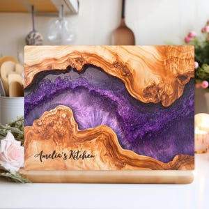 Personalised Glass Cutting Board Purple  Epoxy Resin Art Print,  Serving Tray, Kitchen Decor, Wedding Gift, New home gifts, custom border