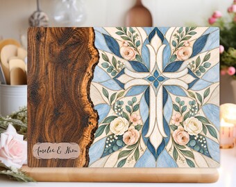 Personalized Christian Glass Cutting Board, Blue Floral Cross with Blush Roses, Couple Names, Faith Kitchen Decor, Wedding Gift