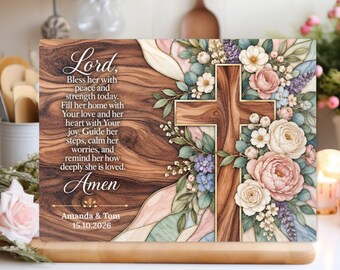 Personalized Christian Glass Cutting Board, Blush Blue Floral Cross Prayer for Her, Names and Date, Faith Kitchen Decor, Religious Gift