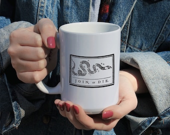 Join Or Die American Revolution Mug, Don't Tread On Me, White Ceramic Mug, 11 Oz Mug, 15 Oz Mug